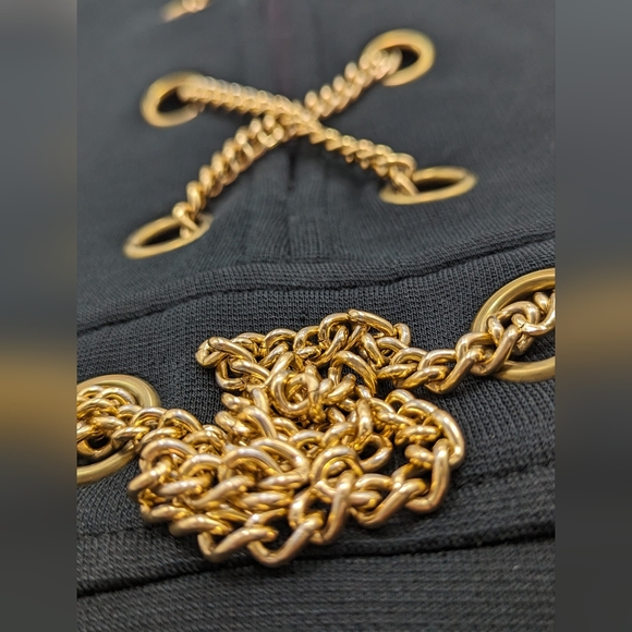 Women's XXL Deep Licorice Black 60's Knit Zip Up Shift Dress w/ Laced Gold Chain - Picture 2 of 5